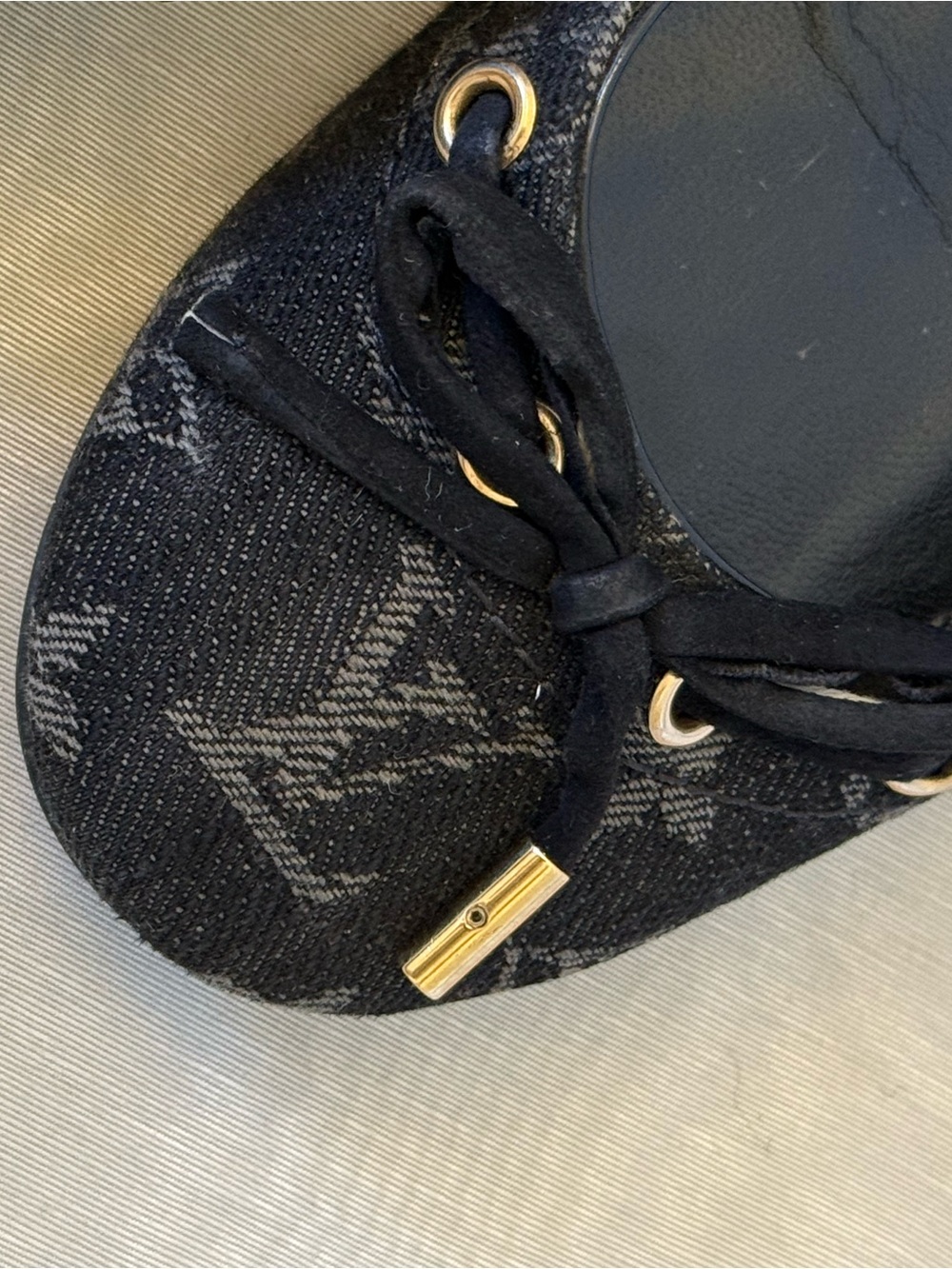 Louis Vuitton Monogram Denim Ballet Flats 36 Black Gold Lace Up Y2K - Picture 4 of 6